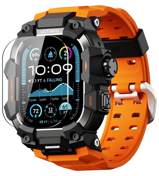 ULTIMAL に対応 Apple Watch Ultra 3/Ultra 2/Ultra（49mm）用 バンド一体型保護ケース 強化ガラスフィルム付き TPU 耐衝撃 高耐久 簡単装着 通気性 アウトドア/スポーツ向け オレンジ・ブラック
