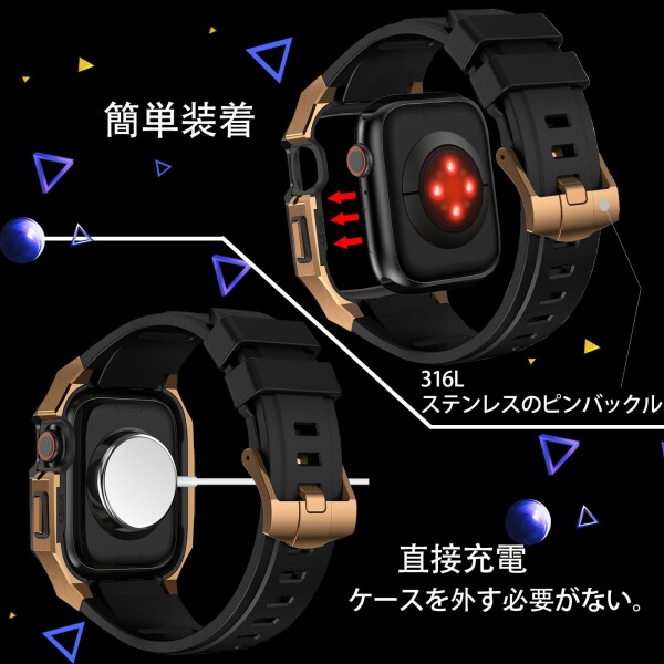 BinGeLi コンパチブル Apple Watch バンド 44mm 45mm 46mm 49mm ステンレス鋼 ケース付き 頑丈なメンズ フッ素ゴムベルド 一体型 スポーツ Series 9/8/7 45mm SE2/6/5/4/SE 44mm Ultra 49mm 10/46mm対応 耐衝撃性 落_4