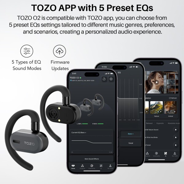 TOZO O2 ワイヤレスイヤホン 2025 極上の音体験 耳掛け式 Bluetooth 5.3 開放型イヤホン 究極のフィット感 耳を塞がない 快適な装着感 小型軽量 簡単操作アプリ 約42時間長時間再生 マイク内蔵_6