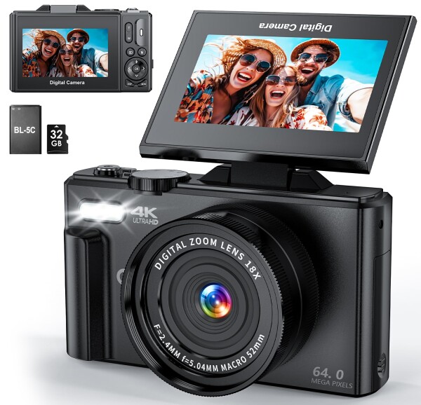 CIRRO 4Kデジタルカメラ 写真撮影用｜WiFi対応 64MP UHD Vlogカメラ｜18倍デジタルズーム 超広角レンズ｜3インチ180°回転スクリーン｜32GB SDカード付き｜ブラック