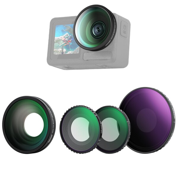 NEEWER 4 in 1 NDフィルター&amp;レンズアクセサリーキット コンパチブル Osmo Action 5 Pro/4 可変ND8-32+CPL+ブラック拡散1/4フィルター+185°広角レンズ ねじ込み式 減光レンズ 偏光フィルター HD光学ガ