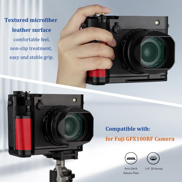 Haoge ハンドル ハンドグリップ 富士フイルム GFX100RF カメラボディ用 L字型グリップブラケット レッド Arca-Swiss 標準プレート付き_7