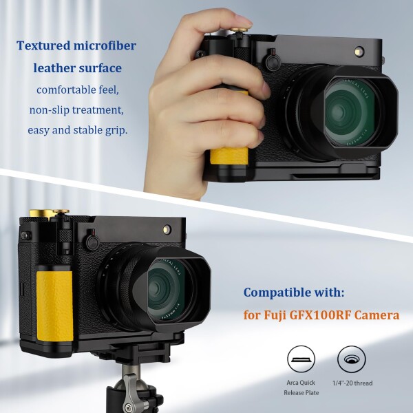 Haoge ハンドル ハンドグリップ 富士フイルム GFX100RF カメラボディ用 L字型グリップブラケット イエロー アルカスイス標準プレート付き_3