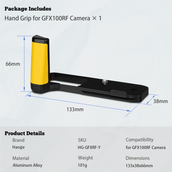 Haoge ハンドル ハンドグリップ 富士フイルム GFX100RF カメラボディ用 L字型グリップブラケット イエロー アルカスイス標準プレート付き_5
