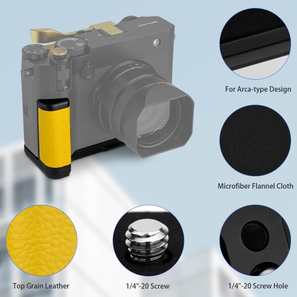 Haoge ハンドル ハンドグリップ 富士フイルム GFX100RF カメラボディ用 L字型グリップブラケット イエロー アルカスイス標準プレート付き_7