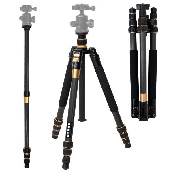 KOUZU 三脚 カーボン カメラ三脚 コンパクト 超軽量 4段 トラベル KQ254C 1.28kg 159cm 25mmパイプ径 10Kg耐荷重 収納43cm ハイアマ向け 撮影用 一脚可変 収納バッグ付き (三脚単体)