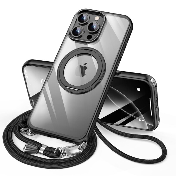 LUTSIDUTA iPhone 16 Pro 用 ケース ダブルリング付き ショルダー ストラップ付き 多機能360度回転スタンド MagSafe対応 ワイヤレス充電対応 耐衝撃 カメラレンズ保護 三眼 6.3インチ いphone16pro 用