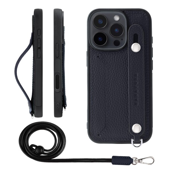 HANATORA for iPhone 16Pro ケース 本革 耐衝撃 背面ベルト ストラップリング スマホケース スマホ スタンド機能 ネックストラップ 付き カードポケット シュリンクレザー ギフト ネイビー CGHGZ-