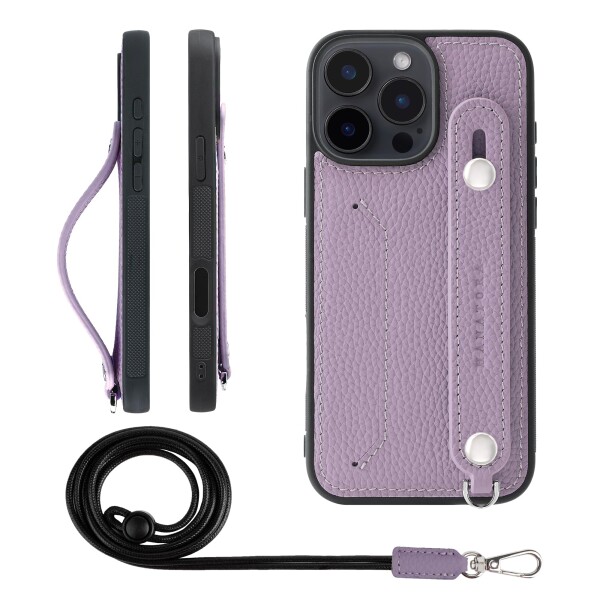 HANATORA for iPhone 16ProMax ケース 本革 耐衝撃 背面ベルト ストラップリング スマホケース スマホ スタンド機能 ネックストラップ 付き カードポケット シュリンクレザー ギフト パープル CGH
