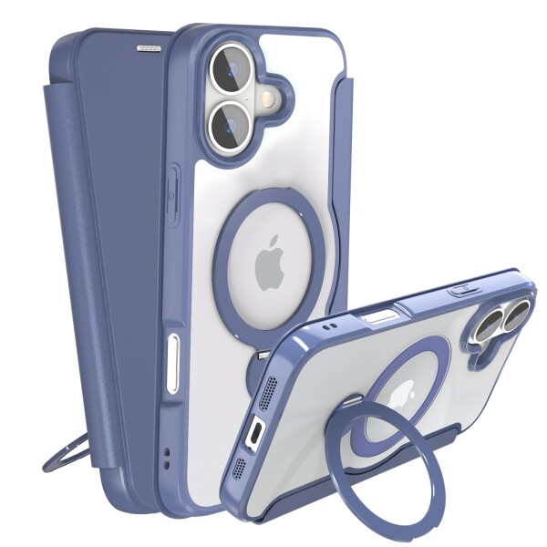 IIKAYO iPhone 16 Plus 用 ケース 手帳型 カード収納 背面クリア MagSafe対応 リング付き 360°回転スタンド軽い 薄型 耐衝撃 全面保護 縦横両対応 レザー素材 マグセーフ対応 おしゃれ 青
