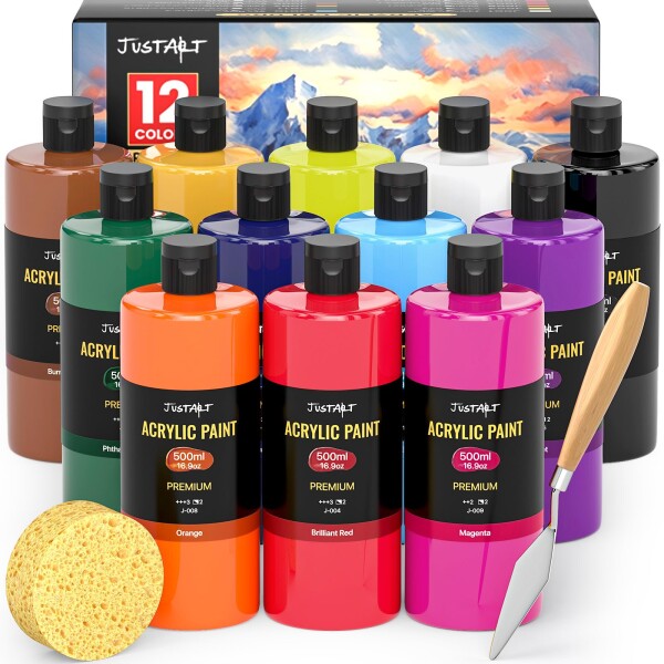 JusArt アクリル絵の具 12色セット 大容量 500ML アクリル塗料セット 大型ボトル 安全 速乾 防水 耐久 アート 美術授業 イラスト 絵手紙 塗り絵 絵描き ペイント キャンバス/紙/木/金属/ガラ
