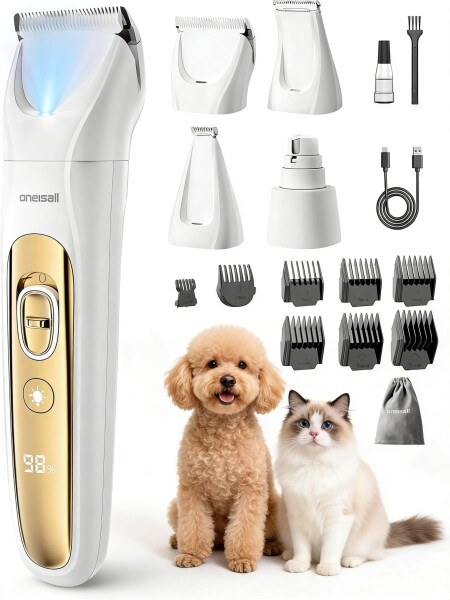 Oneisall Pro 4in1 犬 バリカン 切れ味バツグン 全身カット対応/LEDライト付き トリミングの精密性UP/爪?体?顔周り?お尻周り?足裹/低騒音 小型犬?大型犬?老犬?猫 電動爪研磨器対応 FC10