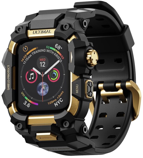 ULTIMAL に対応 Apple Watch SE（第3/2世代）/SE/Series 6/5/4（44mm）用 バンド一体型保護ケース TPU 耐衝撃 高耐久 通気性 簡単装着 スポーツ/アウトドア向け ゴールド・ブラック
