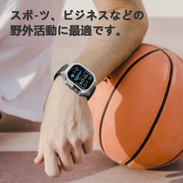 OOULOVE コンパチブル アップルウォッチ バンド 44mm 45mm 49mm ステンレス鋼 ケース付き 頑丈なメンズ フッ素ゴムベルド 一体型 スポーツバンド Apple Watch バンド Series 9/8/7 45mm SE2/6/5/4/SE 44mm Ultr_6