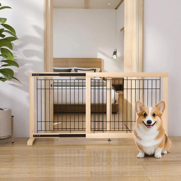 U-Yocanpet スライド式ペットゲート 置くだけ 高さ60cm 設置幅60-115cm 木製 犬用ゲート 犬 フェンス 室内 中小型犬用 倒れない 飛び出し防止柵 脱走防止ペットガード 広がる 伸縮可能
