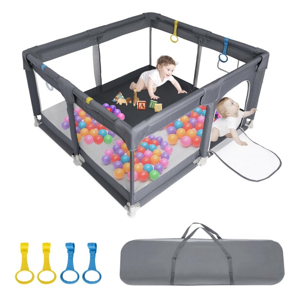 BQKOZFIN ベビーサークル 120x120x66cm 正方形 コンパクト 扉付き 大型 プレイヤード baby playpen 滑り止め吸盤 メッシュタイプ 洗濯可能 収納バッグ付き 室内外対応 子供 軽量