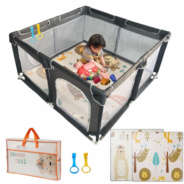 ベビーサークル プレイマット付き 120x120cm 赤ちゃん 小さめ 扉付き ベビーフェンス 折りたたみ baby playpen 子供サークル 組立簡単 洗濯可能 収納バッグ付き 日本育児 子供遊び用 (グレー+12