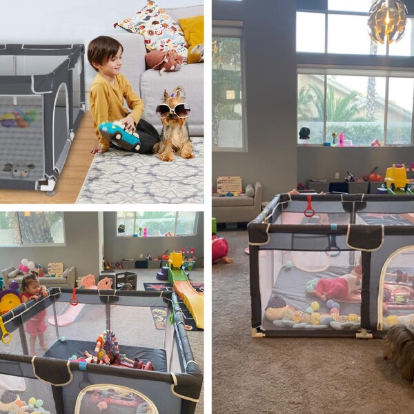 ベビーサークル プレイマット付き 120x120cm 赤ちゃん 小さめ 扉付き ベビーフェンス 折りたたみ baby playpen 子供サークル 組立簡単 洗濯可能 収納バッグ付き 日本育児 子供遊び用 (グレー+12_2
