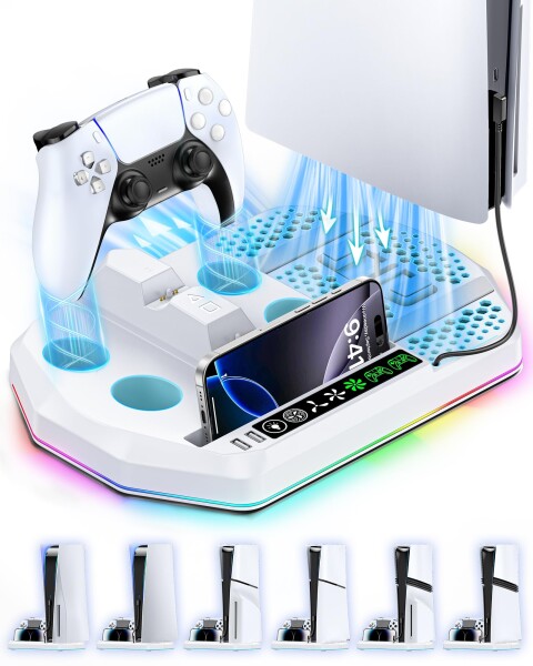 PS5 Pro/PS5 Slim/PS5対応 PS5 縦置き 冷却 スタンド 3段階風速調整可能 2台PS5/Edgeコントローラー 充電器 置くだけ充電可能 多機能収納 放熱対策 LED指示ランプ付 RGBライト付 新型 プレステ5 スリ