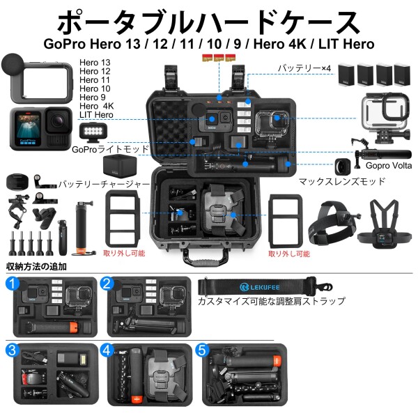 Lekufee Gopro Hero 12 防水ハードケース - Gopro Hero 13,Gopro Hero 12,Hero 11,Hero 10,Hero 9,Hero 8/Gopro Volta/Media Mod/Creator Edition/防水アクションカメラおよびアクセサリーに対応（ケースのみ）（ショルダー_1