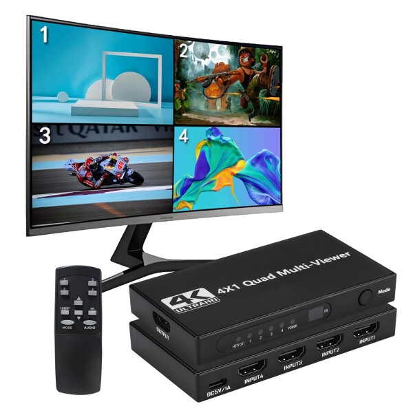 4K@30Hz HDMI 画面分割器 4入力1出力 hdmi画面分割切替器 画面切り替え器 1080P ４画面同時表示 クアッドマルチビューアー DVD/ゲーム機/PS3/PS4 Pro/Xbox監視用リモコン付き
