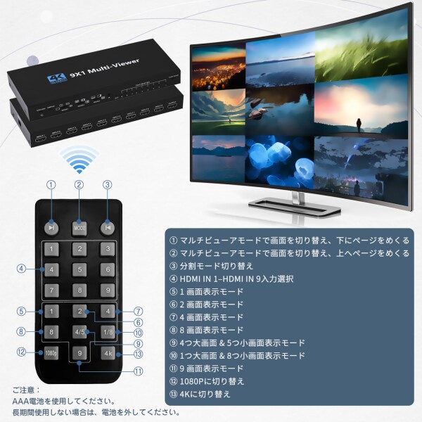 ENBUER HDMI 画面分割器 9入力1出力 hdmi画面分割切替器 4K 9x1 画面切り替え器 hdmi 1080P 9画面同時表示 シームレス切り替えマルチビューワ DVD ゲーム機 PS4 Pro Apple TV マルチビューアー テレビ専_5