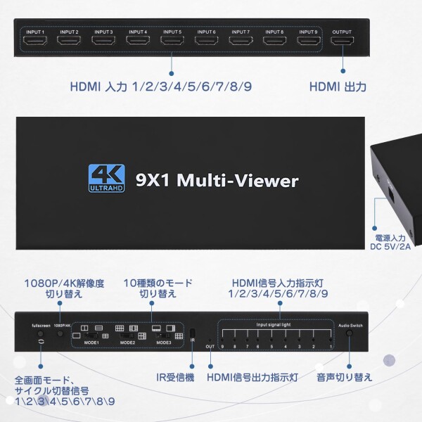 ENBUER HDMI 画面分割器 9入力1出力 hdmi画面分割切替器 4K 9x1 画面切り替え器 hdmi 1080P 9画面同時表示 シームレス切り替えマルチビューワ DVD ゲーム機 PS4 Pro Apple TV マルチビューアー テレビ専_6