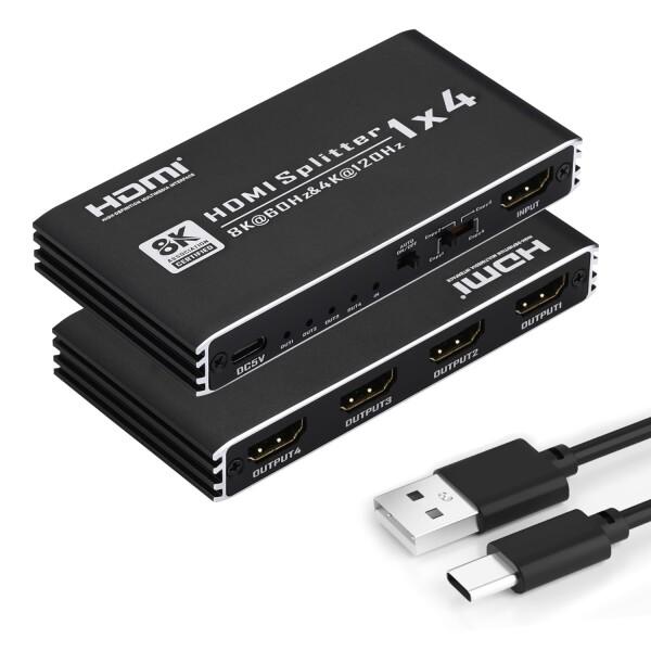 8K@60Hz HDMI 分配器 1入力 4出力 4K@120Hz 1080P@240Hz HDMI 2.1 HDCP2.3 HDR 10+ VRR 48Gbps EDID Dolby Atmos/DTS-HD/ 7.1CH/ HDTV/Blu-Ray DVD/ PS4 対応