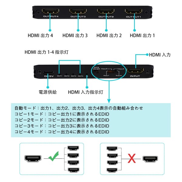 8K@60Hz HDMI 分配器 1入力 4出力 4K@120Hz 1080P@240Hz HDMI 2.1 HDCP2.3 HDR 10+ VRR 48Gbps EDID Dolby Atmos/DTS-HD/ 7.1CH/ HDTV/Blu-Ray DVD/ PS4 対応_6