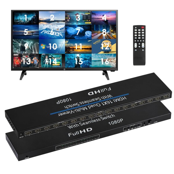 HDMI 画面切り替え器 16x1 1080p HDMI画面分割切替器 16入力1出力 画面切り替え器 hdmi 16画面 同時表示 画面 切替器 マルチビューアー テレビ専門店 売り場 DVD プロジェクター ゲーム機 など (リ