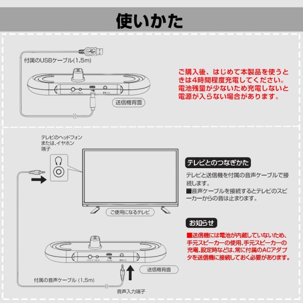 手元スピーカー テレビ用 テレビスピーカー 送信機付 通信距離30メートル スピーカー ワイヤレス クリアボイス機能 使いやすい みみ楽シリーズ 簡単操作 軽量 連続11時間再生 ヘッドホ_5