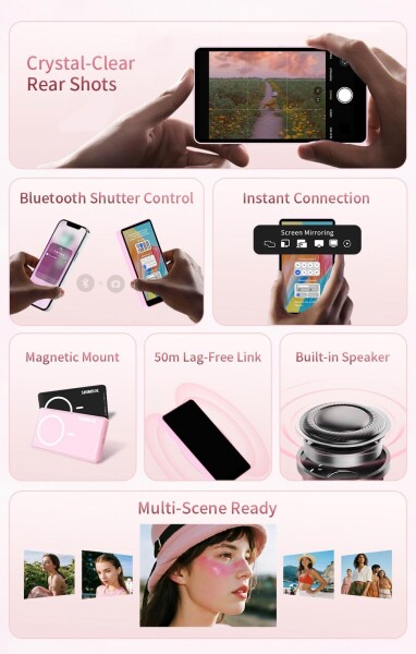 Shimbol CP5 Lite II 磁気式自撮りモニター、1080P リアカメラミラーリング、50M Bluetooth コントロール & デュアルバンドワイヤレス Vlog スクリーン（iOS/Android 向け TikTok 動画ツール）、ピンク_3