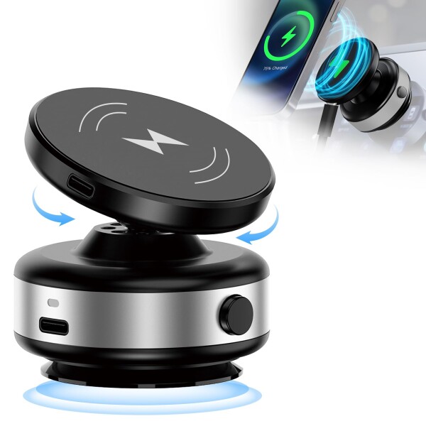 SEARISE スマホホルダー 真空吸着式 車 スマホスタンド 充電 車載スマホホルダー ワイヤレス充電対応 車 吸着式スマホホルダー マグネット＆真空吸盤 角度回転(シルバー)