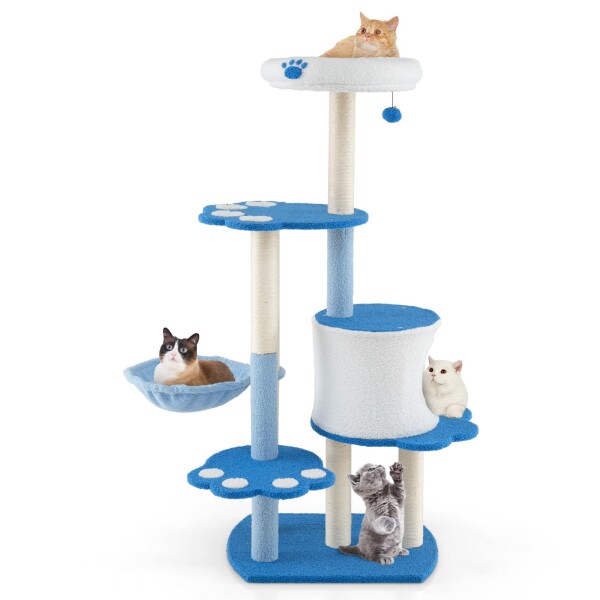 GYMAX キャットタワー 高さ137cm ネコタワー おしゃれ 猫タワー かわいい 大きなプラットフォーム 展望台 爪とぎポール ハンモック ボンボンおもちゃ付き 多頭飼い 運動不足解消 猫おもち