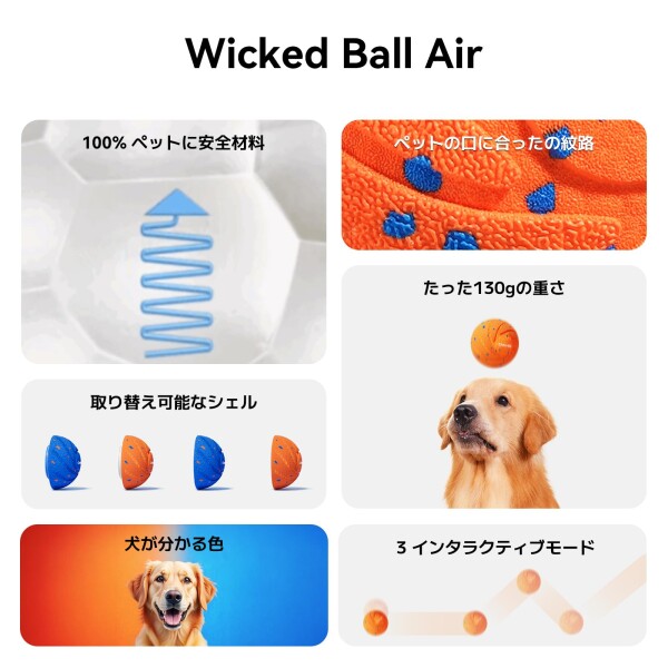 Cheerble 犬ボール 自動動く 3モード切替 充電式 130gの超軽量 犬に優しいE-TPU素材採用 交換可能なカバー 動く・回転・跳ねるペットおもちゃ ストレス・運動不足解消 屋内外OK（Wicked Ball Air_1
