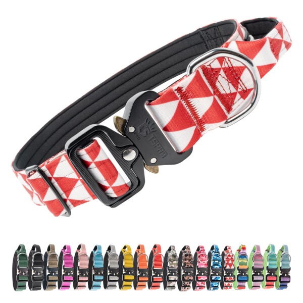 TSPRO プレミアムハンドル付き犬用首輪｜調節可・クイックリリース｜中型〜大型犬用(赤と白の三角形柄,Geometric L)