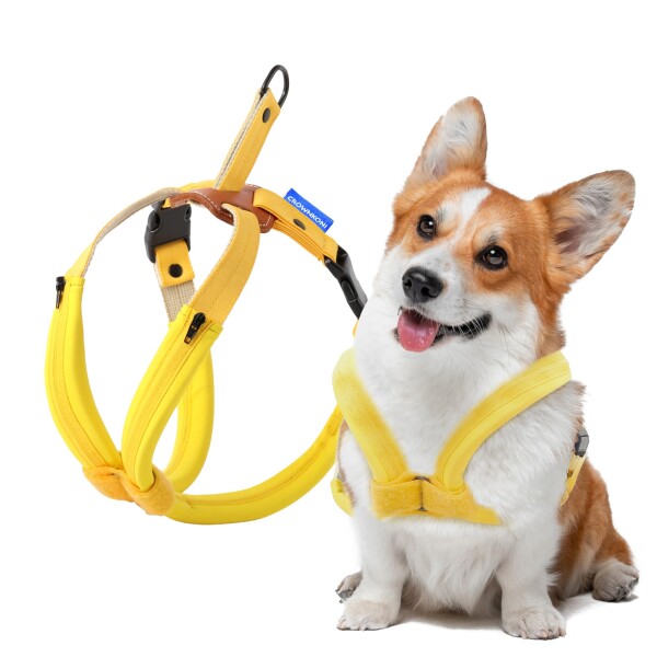 CROWN KONI犬用ハーネス 引っ張り防止 (首に窒息なし) 簡単着脱 咳き込み軽減 クイックプルサイズ調整 小型中大型犬用 歩行補助用 しつけ用 散歩用 ソフトで快適なクッション付き (イエロ