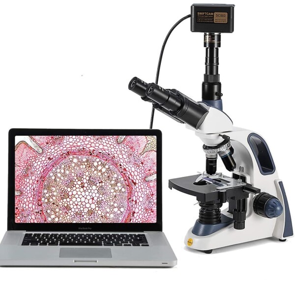SWIFT 三眼生物顕微鏡 高性能3眼タイプ生物顕微鏡 最大2500X拡大 デジタルカメラ付 Swiftcam 500万画素 USB3.0 ジーデントップ式30度傾斜三眼鏡筒、1W LED照明 研究用、実験用生物顕微鏡、広視野