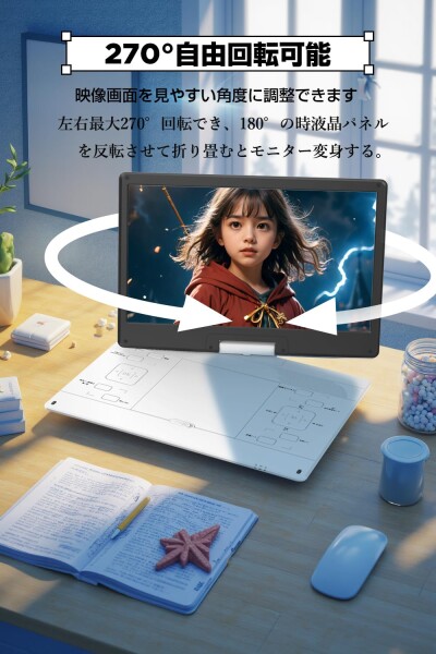 ポータブルDVDプレーヤー 超大画面 狭額縁 DVDプレーヤー ポータブル 1366*768 5000mAh大容量 6時間連続再生 リージョンフリー レジューム機能 270°回転＆前後180°反転 TV同期 CPRM対応 SDカード/_5