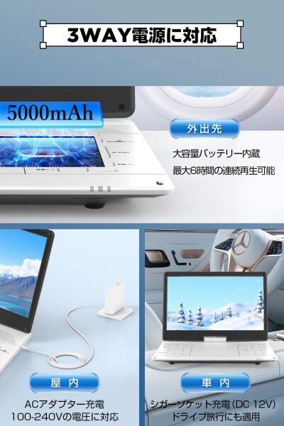 ポータブルDVDプレーヤー 超大画面 狭額縁 DVDプレーヤー ポータブル 1366*768 5000mAh大容量 6時間連続再生 リージョンフリー レジューム機能 270°回転＆前後180°反転 TV同期 CPRM対応 SDカード/_7