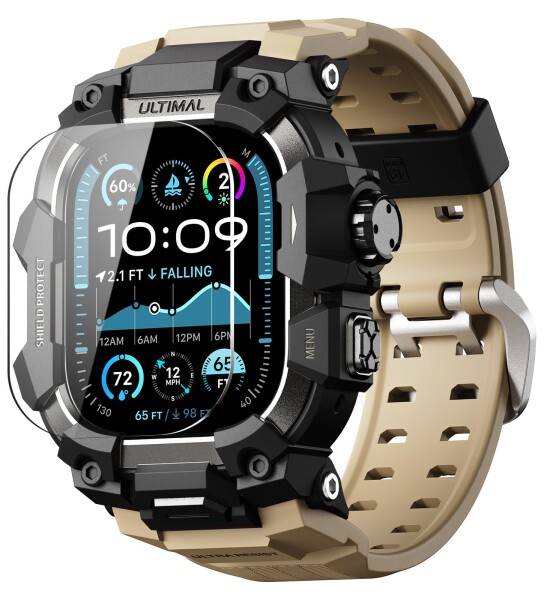 ULTIMAL に対応 Apple Watch Ultra 3/Ultra 2/Ultra（49mm）用 バンド一体型保護ケース 強化ガラスフィルム付き TPU 耐衝撃 高耐久 簡単装着 通気性 アウトドア/スポーツ向け デザートイエロー