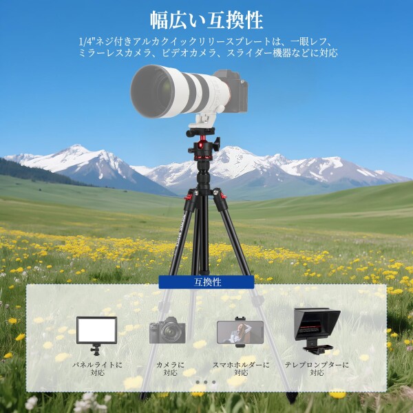 NEEWER BASICS カメラ三脚 トラベル三脚 182cm コンパクト 軽量 ポータブルDSLRカメラスタンド ボールヘッド/アルカ型QRプレート/スマホホルダー付き iPhone対応 ビデオ録画用 最大荷重6kg TP14_5