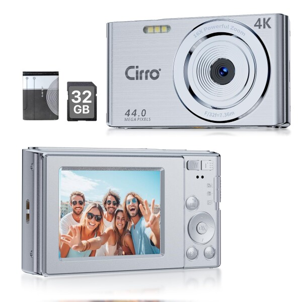 4Kデジタルカメラ、44MP UHDビデオカメラ、32GBカード付き、16倍デジタルズーム、ポータブルコンパクトカメラ、YouTube、ティーン、大人、初心者向け、シルバー