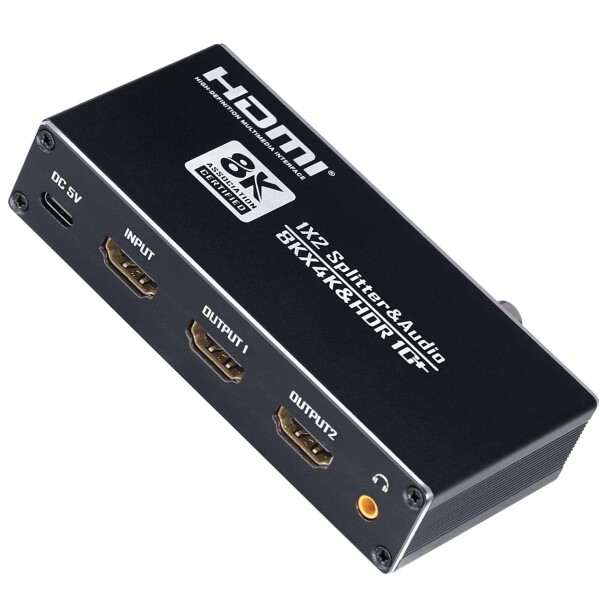 ELEVIEW HDMI 音声分離器 8K 60Hz 4K 120Hz 分配器 スプリッター 1入力2出力 (音声出力：光デジタル 3.5mmステレオ)｜PS5/Nintendo Switch2などに対応 2画面 同時出力 HDMI2.1 音声分離 EHD-607N
