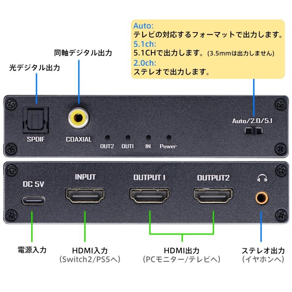 ELEVIEW HDMI 音声分離器 8K 60Hz 4K 120Hz 分配器 スプリッター 1入力2出力 (音声出力：光デジタル 3.5mmステレオ)｜PS5/Nintendo Switch2などに対応 2画面 同時出力 HDMI2.1 音声分離 EHD-607N_5