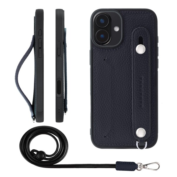 HANATORA for iPhone 16Plus ケース 本革 耐衝撃 背面ベルト ストラップリング スマホケース スマホ スタンド機能 ネックストラップ 付き カードポケット シュリンクレザー ギフト ネイビー CGHGZ