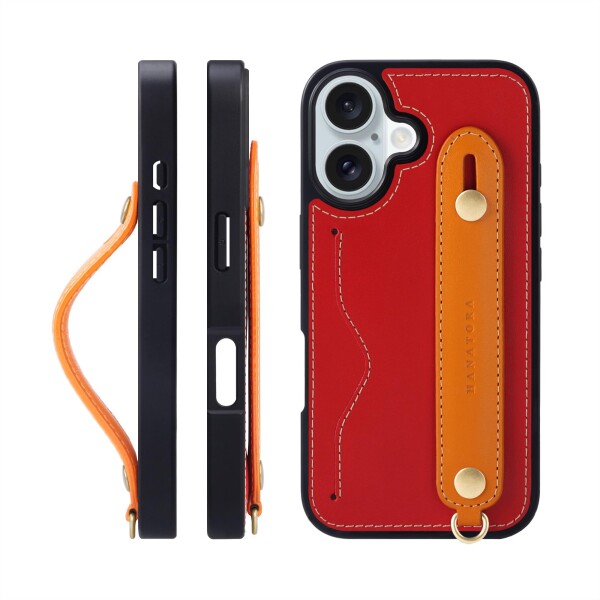 HANATORA for iPhone 16 ケース 本革 耐衝撃 背面ベルト ストラップリング スマホケース スマホ スタンド機能 ネックストラップ 付き イタリアンレザー ギフト レッド+オレンジ CGH-16-Red-OG