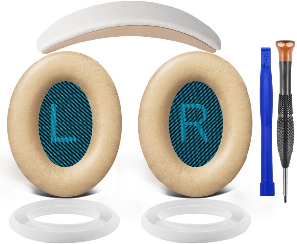 SOULWIT イヤーパッド + ヘッドバンド + イヤーパッドカバー for Bose QuietComfort 25 (QC25) 用 ヘッドセット 交換 キット ヘッドホン 替え パッド 劣化防止 クッション (ベージュ)