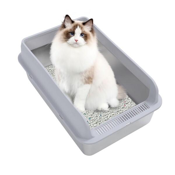 猫用トイレ 大型 ステンレススチール ハイサイド 丈夫 錆びにくい お手入れ簡単 大きいサイズ アンチスティック設計 猫トイレ用品