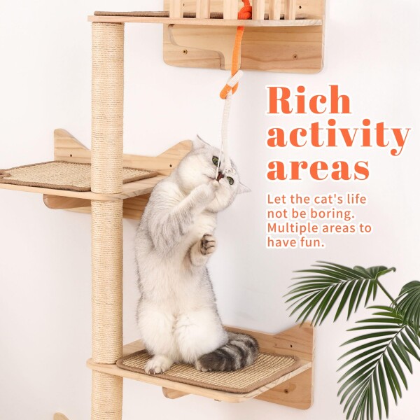 MIUZMORE 壁掛け式キャットツリー 7点セット ? 猫用ウォールシェルフ＆パーチ、麻縄爪とぎポール付き 木製キャットタワー 室内猫の登り・爪とぎ・休憩 多頭飼い・大型猫対応 猫キャッ_2